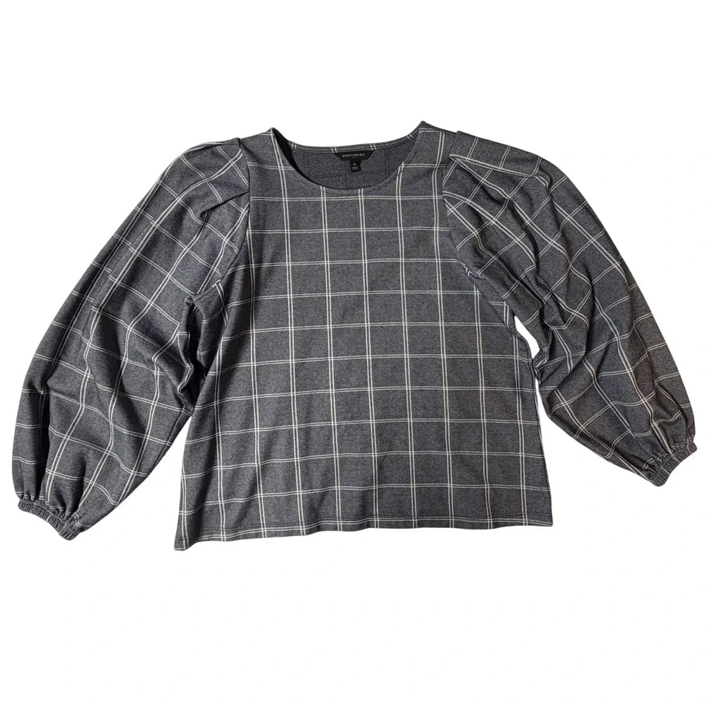 Banana Republic Windowpane Plaid‎ Puff Sleeve Knit Top Navy Womens M